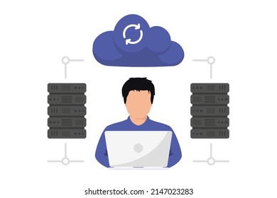 Cloud computing. Web hosting concept service. Database for documents and file on computer. Cloud storage upload and download data. Backup concept. Digital service or app with data transfering
