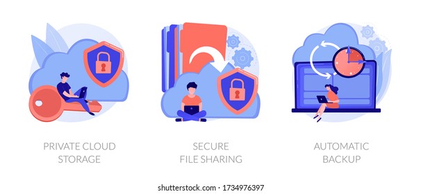 Cloud computing, web hosting platform. Data uploading and database servers. Private cloud storage, secure file sharing, automatic backup metaphors. Vector isolated concept metaphor illustrations.