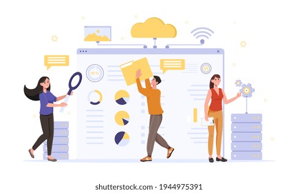 Cloud computing, web hosting, web services, digital technology, data storage, hosting, connection. Flat abstract metaphor cartoon vector illustration concept design. Infographic elements.