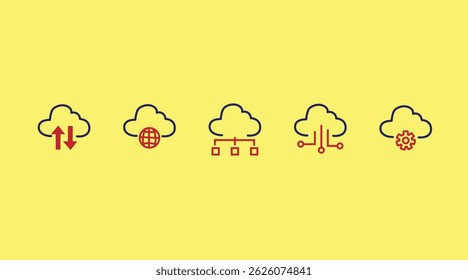 Cloud computing web icon set. Set of 5 outline icons related to cloud technology, data center, connection network, digital service, database platform. Linear icon collection