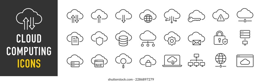 Cloud computing web icons in line style. Cloud technology, data center, connection network, digital service, database platform, collection. Vector illustration.