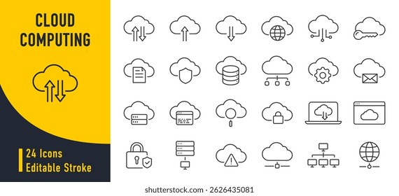 Cloud computing web icons in line style. Cloud technology, data center, connection network, digital service, database platform, collection. Vector illustration.