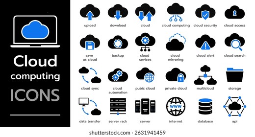 Cloud computing web icons. Cloud technology, security, data center, connection network, service, database, collection. Solid vector icons collection