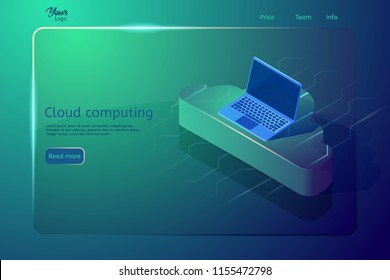 Cloud computing web page template and banner. Isometric vector illustration showing laptop on the cloud. Abstract design concept. Digital storage and hosting.