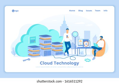 Cloud computing and web services, technology, data storage, hosting, connection. Users connect to the cloud servers from laptop, computer, phone. landing web page design template decorated with people