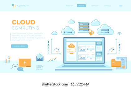 Cloud computing and web services, technology, data storage, hosting, connection. Login page and password on laptop screen, server. Can use for web banner, landing page, web template.