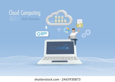 Cloud computing wireless data storage service for download and uploading. Man working on digital folder and files sharing between computer and electronic devices via cloud computing. 3D vector.