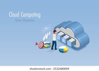 Almacenamiento de datos inalámbricos de computación en la nube. Hombre que busca datos de negocios en carpeta digital y archivos de cajón en la computación en la nube. Vector.