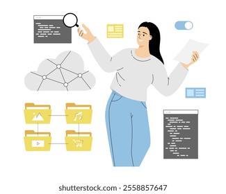 Cloud Computing. Woman storing data on cloud server. Web hosting, online database. Download files. Mobile cloud storage app. Vector illustration on isolated white background.	
