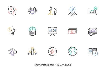 Cloud computing, World planet and Payment line icons for website, printing. Collection of Currency exchange, Time management, Internet documents icons. Manual, Launch project. Vector