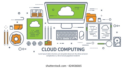 Cloud computing,flat outline style.Line art.Data storage device,media server.Web hosting and cloud technology.Data protection,database security.Backup,copy,migrate data between cloud storage services.