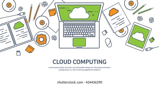 Cloud computing,flat outline style.Line art.Data storage device,media server.Web hosting and cloud technology.Data protection,database security.Backup,copy,migrate data between cloud storage services.