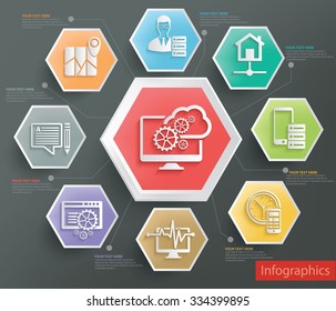 Cloud computing,network info graphic design on dark background,clean vector