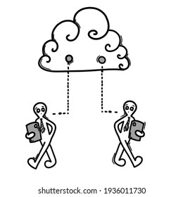 Nube con personas conectadas. Icono del vector Doodle. Dibujo de la ilustración de la caricatura dibujada a mano.
