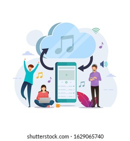 Cloud connect smartphone streaming music with cloud storage and tiny people design concept