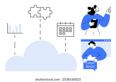 Una nube conectada a gráficos de barras, calendario, puzzles, una persona con una tableta y una persona que sostiene un signo de devolución de dinero. Ideal para soluciones de negocio, trabajo en equipo, gestión de datos, programación, finanzas