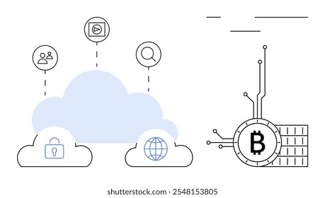 Nuvem conectada por vários ícones à esquerda e símbolo Bitcoin à direita. Ideal para tecnologia, computação em nuvem, blockchain, segurança criptomoeda e gerenciamento de dados. Estilo simples, limpo e moderno