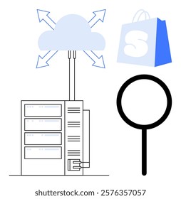 Cloud connected to server, arrows indicating data flow, shopping bag icon and magnifying glass symbol. Ideal for cloud computing, data storage, online shopping, e-commerce, technology