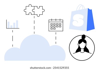 Gráfico de conexão de nuvem, quebra-cabeça, calendário, sacola de compras e avatar do usuário. Ideal para comércio eletrônico, gerenciamento de dados, soluções em nuvem, plataformas SaaS e interações com clientes. Simples, moderno, limpo