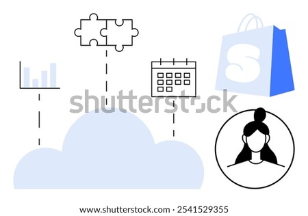 Cloud connecting graph, puzzle, calendar, shopping bag and user avatar. Ideal for e-commerce, data management, cloud solutions, SaaS platforms, and customer interactions. Simple, modern, clean