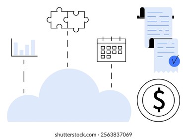 Cloud with connection lines to a graph, puzzle pieces, calendar, invoice and dollar sign. Ideal for finance, data management, cloud computing, business, technology. Simple and modern style