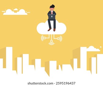 Cloud connection, Online data trasfer abstract concept.  Businessman sitting on cloud and working