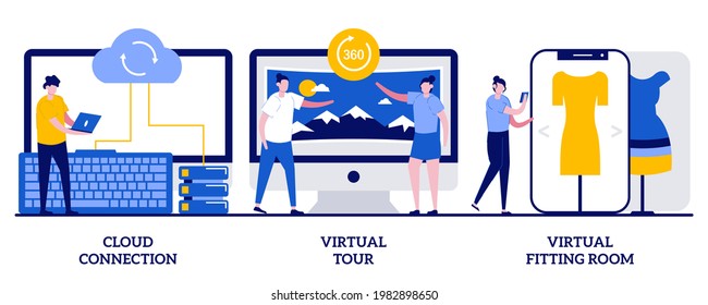 Cloud Connection, Virtual Tour, Virtual Fitting Room Concept With Tiny People. Online Data Transfer And Virtual Experience Abstract Vector Illustration Set. Internet Connection, Web 3d Tour Metaphor.