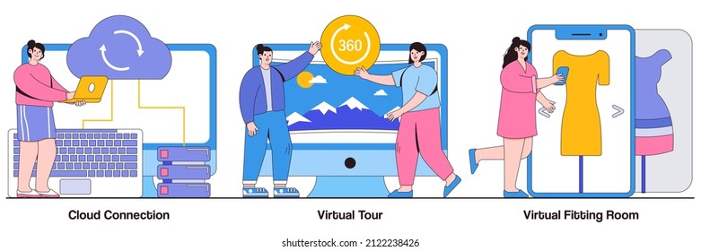 Cloud Connection, Virtual Tour, Virtual Fitting Room Concept With People Character. Online Data Transfer And Virtual Experience Vector Illustration Set. Internet Connection, Web 3d Tour Metaphor.