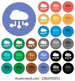Cloud connections solid multi colored flat icons on round backgrounds. Included white, light and dark icon variations for hover and active status effects, and bonus shades.