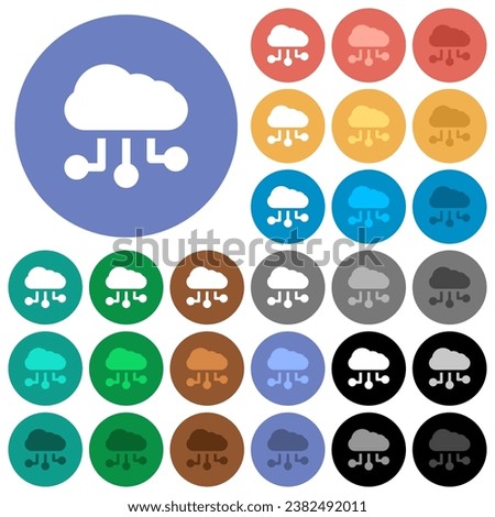 Cloud connections solid multi colored flat icons on round backgrounds. Included white, light and dark icon variations for hover and active status effects, and bonus shades.