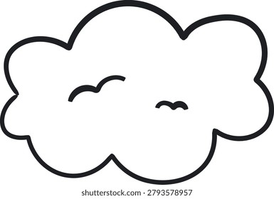 Cloud contour with two bird silhouettes in airy hand-drawn line style. Symbol of freedom, calm, sky, and open space for dreamy concepts. Cartoon vector illustration.