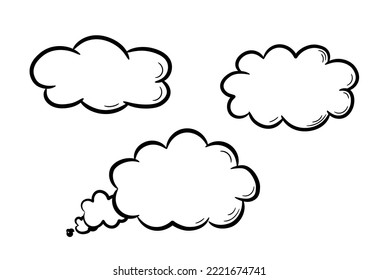 Cloud for conversations and thoughts drawn by hand. Set of clouds in doodle sketch style. Simple doodle sketch drawing. Vector illustration.