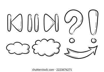 Cloud for conversations and thoughts drawn by hand. Start play and pause button in doodle sketch style. Question, exclamation and arrow mark symbol. Isolated vector illustration.