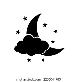 Ilustración de luna creciente cubierta por nubes con estrella en estilo de silueta