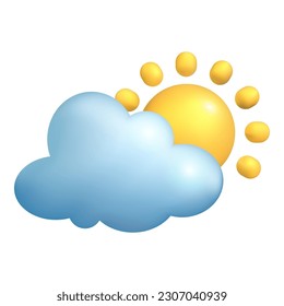 Ilustración vectorial 3d de cobertura de nube. Día soleado y nublado el fin de semana o las vacaciones al estilo de las caricaturas aislado de fondo blanco. Previsión meteorológica, concepto meteorológico