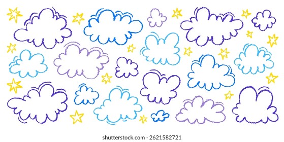 Cloud with crayon texture. Pencil kid hand drawn sky background. Line cloud, star, blue color sky. Crayon chalk pastel illustration. Brush paint element. Pencil kid shape, rain child baby vector bg ar