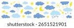 Cloud crayon texture star, moon set. Hand drawn crayon pencil stroke cloud, moon, sun weather shape with chalk texture. Sky elements for kid, baby, school background design. Vector illustration