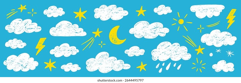 Cloud crayon texture star, moon set. Hand drawn crayon pencil stroke cloud, moon, sun weather shape with chalk texture. Sky elements for kid, baby, school background design. Vector illustration