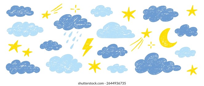 Cloud crayon texture star, moon set. Hand drawn crayon pencil stroke cloud, moon, sun weather shape with chalk texture. Sky elements for kid, baby, school background design. Vector illustration
