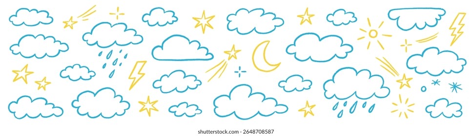 Estrela de textura de giz de cera, conjunto de lua. Lápis desenhado à mão lápis traço nuvem, lua, sol forma do tempo com textura de giz. Elementos do céu para criança, bebê, projeto de fundo da escola. Ilustração vetorial