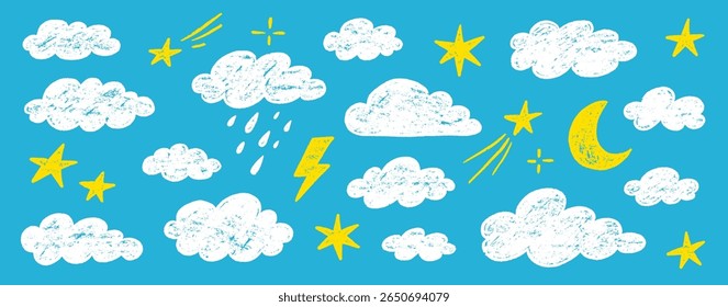 Cloud crayon texture star, moon set. Hand drawn crayon pencil stroke cloud, moon, sun weather shape with chalk texture. Sky elements for kid, baby, school background design. Vector illustration