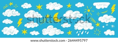 Cloud crayon texture star, moon set. Hand drawn crayon pencil stroke cloud, moon, sun weather shape with chalk texture. Sky elements for kid, baby, school background design. Vector illustration