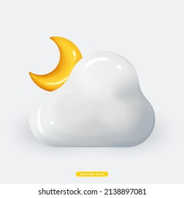 Bewölkt mit Crescent Moon 3D Realistic Wetter Symbol isolierte Vektorgrafik. Realistisches 3D-Icon-Design für mobile App und Website
