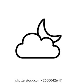 Nuvem com lua crescente em estilo de ícone de linha limpa. Ideal para previsões noturnas, IUs de modo escuro e rastreamento lunar.