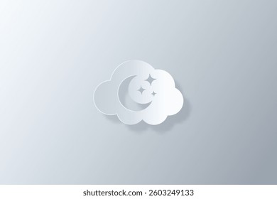 cloud and crescent moon icons are made in white paper art style with shadows and highlights