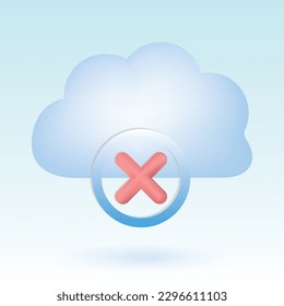 Cloud with cross mark inside circle. Disconnected, error, cancel. Cute pastel cartoon of cloud computing, cloud network and technology symbol. 3D vector illustration isolated on blue background.