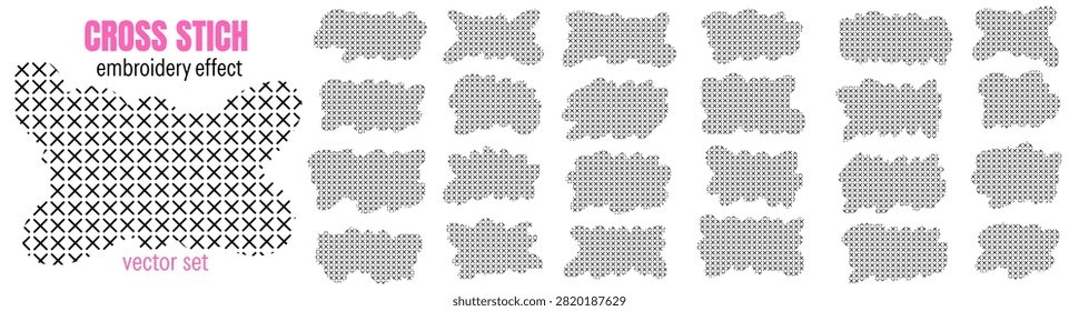 Cloud cross stitch shape set with hand sewn marks and loose organic forms. Black cloud silhouettes repeat a cross stitch grid. Cozy vector element collection for greeting card design