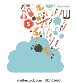 cloud in cumulus shape with set collection investment and tech vector illustration