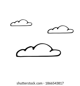 Cloud curly hand drawn doodle illustration in cartoon vector style. Black and white sketch. Vector.