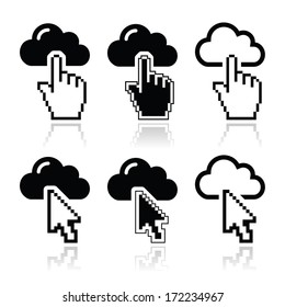 Cloud with cursor hand and arrow icons set 